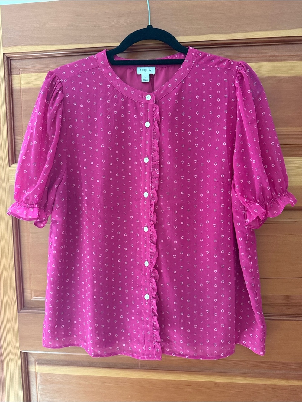J. Crew Bright Pink Dot-Print Button Front Blouse - Picture 2 of 5